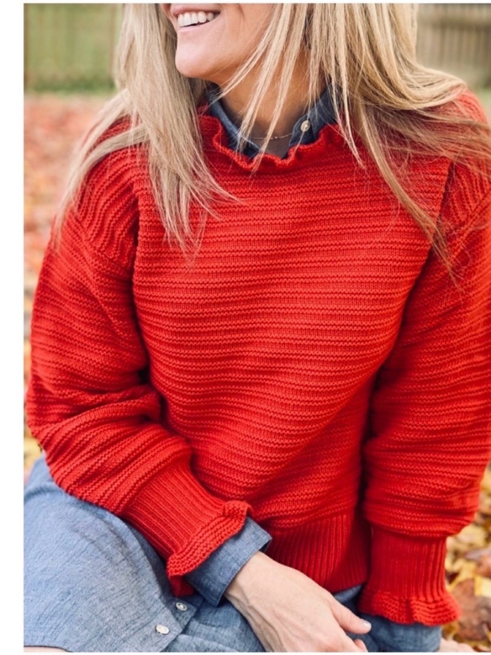 Madewell Red Orange Ruffled Mock Neck Sweater